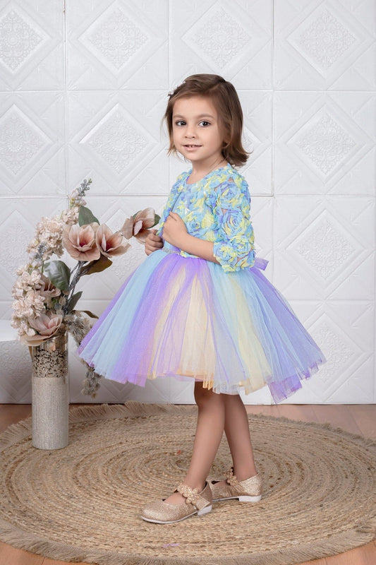 Childbird Multicolor Net Kids Party Dress With Flower Jacket