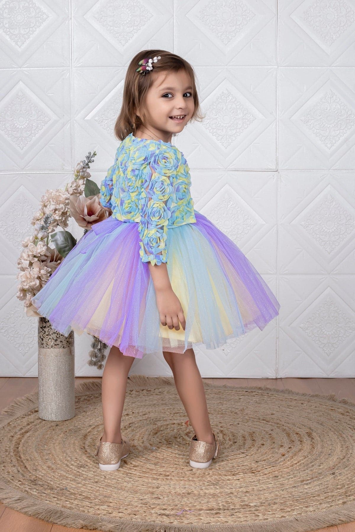 Childbird Multicolor Net Kids Party Dress With Flower Jacket