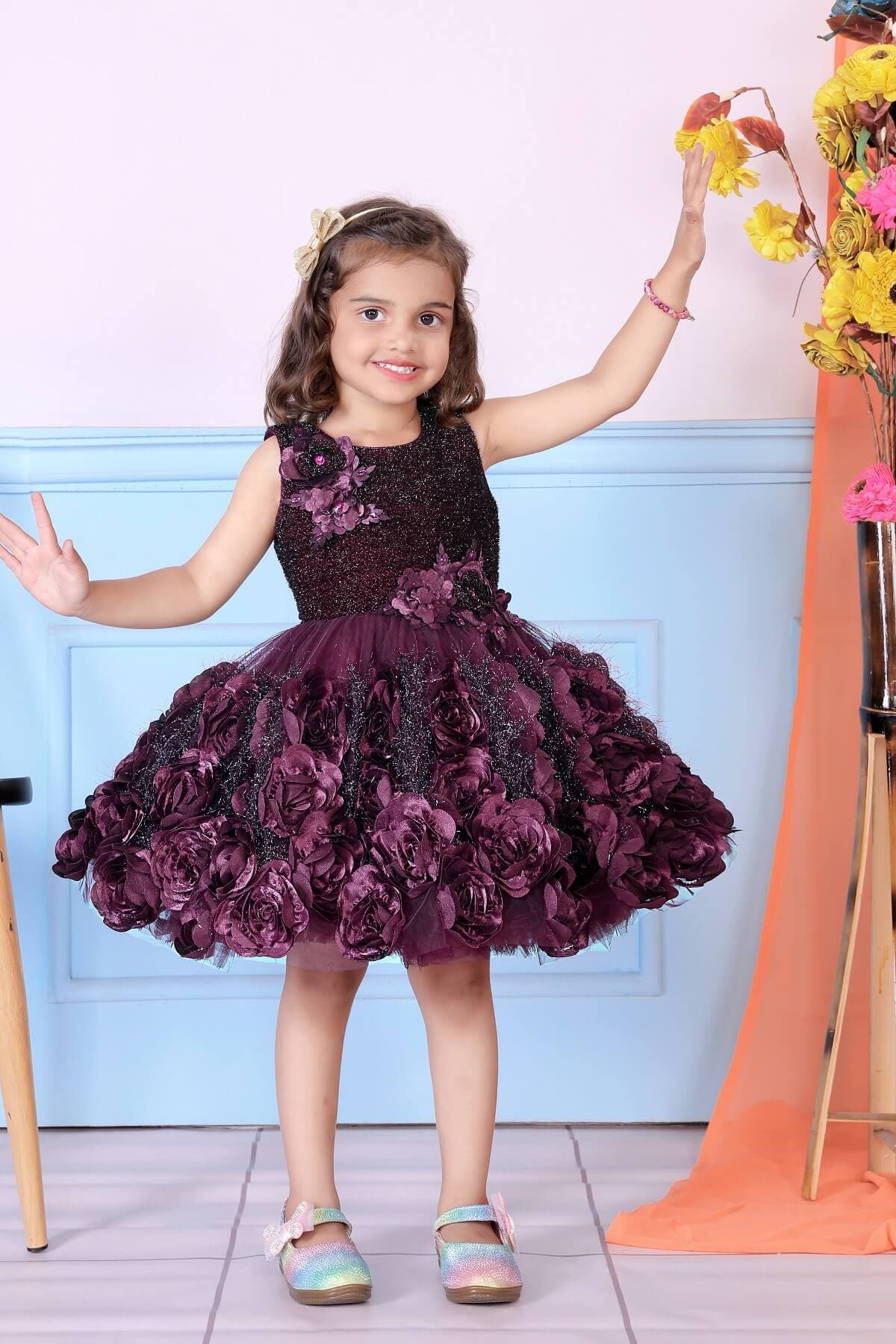 Childbird Wine Color Net Flower Girl's Party Dress