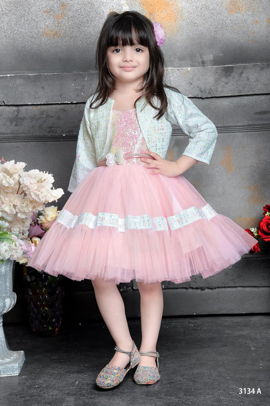 Baby Pink Net Partywear Kids Dress With Jacket