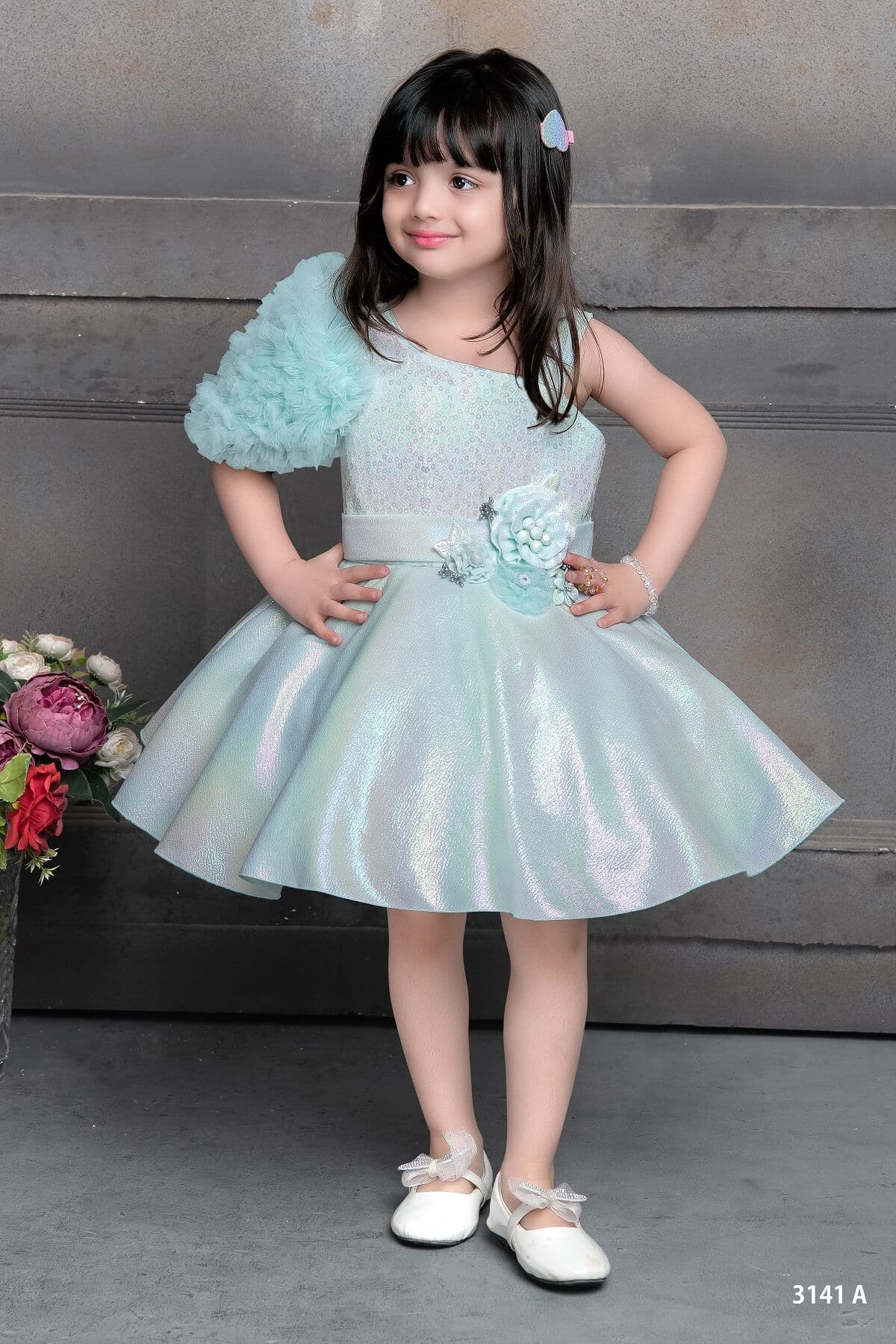 Sky Blue Silk Designer Kids Party Frock Dress