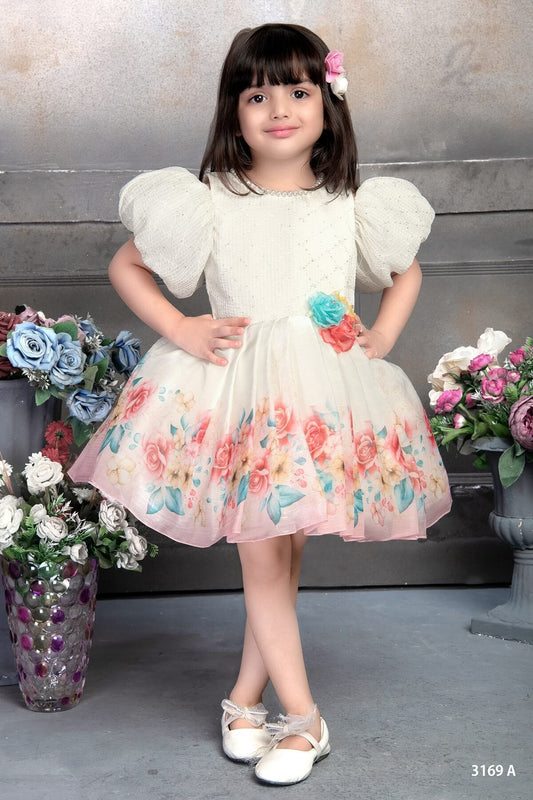 Childbird White Puffy Sleeve Printed Kids Party Dress