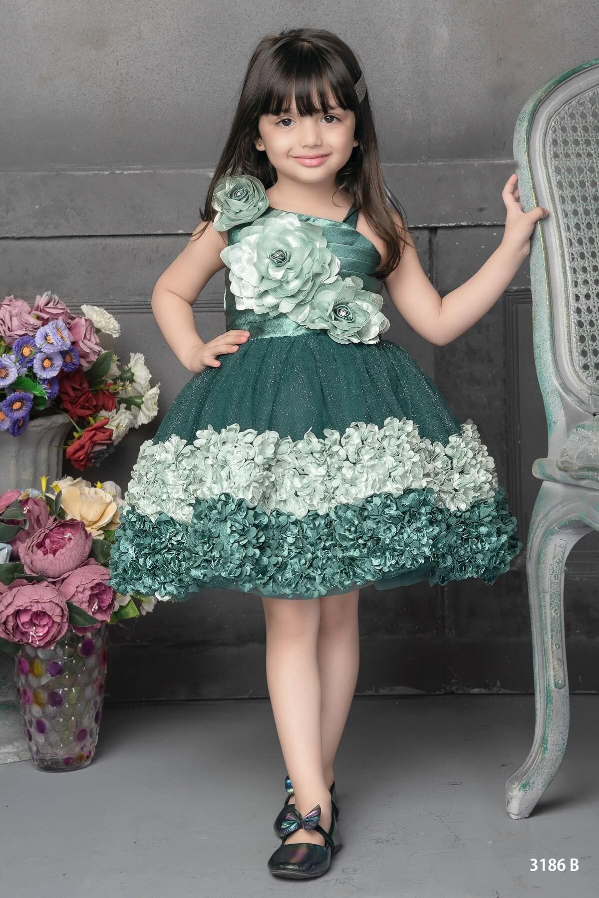 Childbird Green Flower Pattern Girls Party Dress