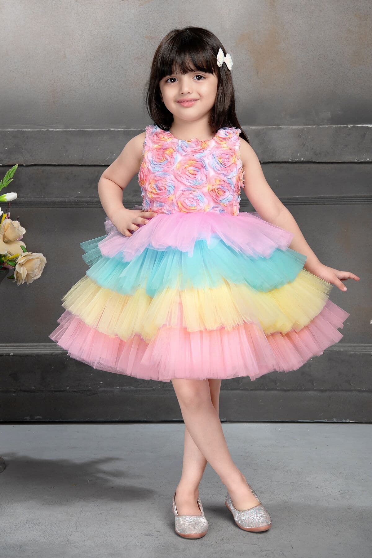 Childbird Multicolor Net Flower Pattern Baby Girl Dresses