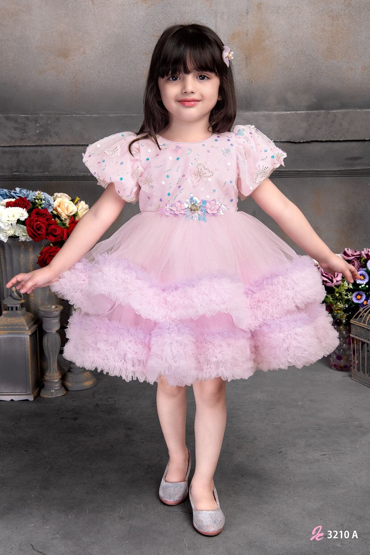 Pink Colour Net Kids Party Dress