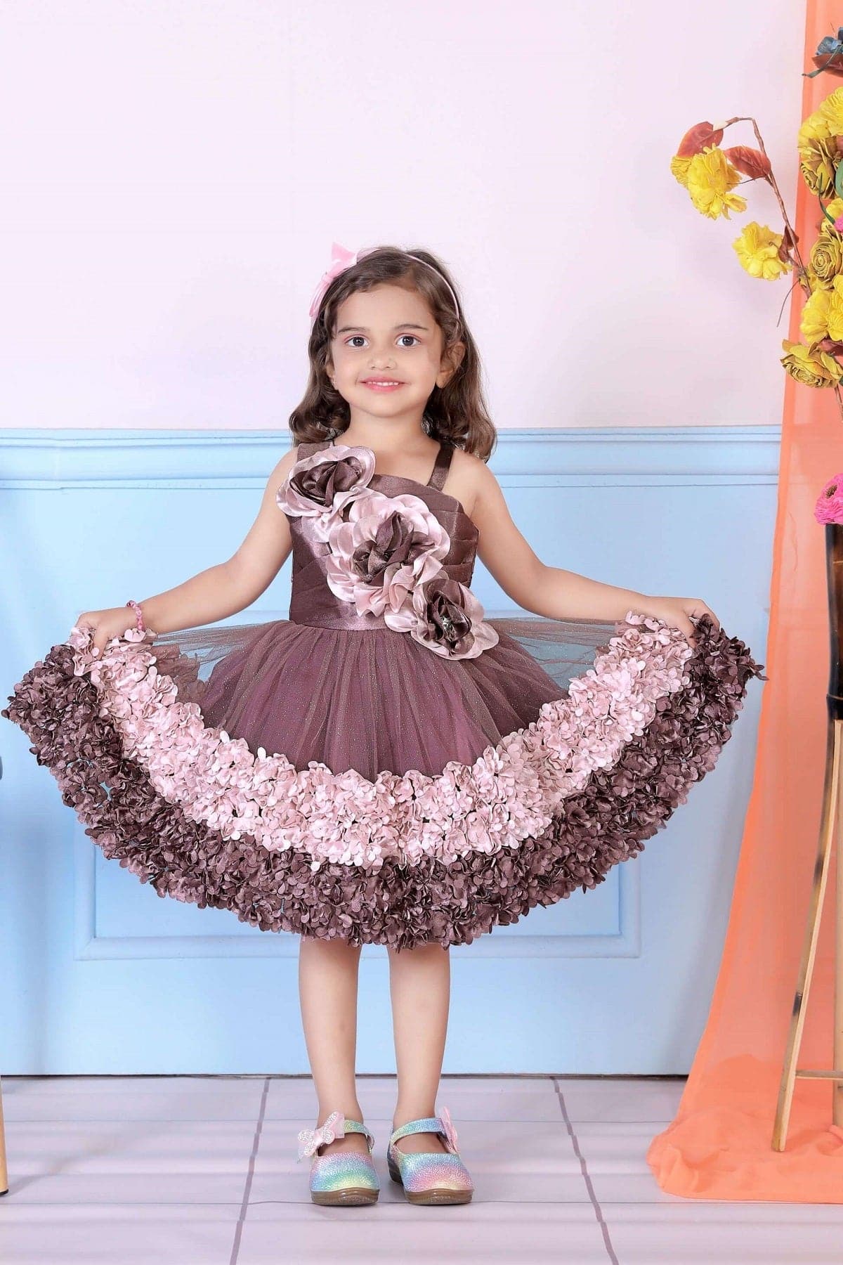 Childbird Brown Color Flower Kids Party Dress