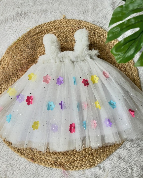 Childbird Net Flower Pattern Girls White Party Dress