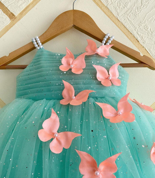 Childbird Mint Color Butterfly Pattern Kids Frock Dress