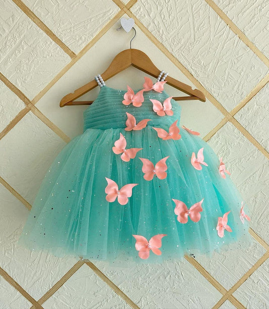 Childbird Mint Color Butterfly Pattern Kids Frock Dress