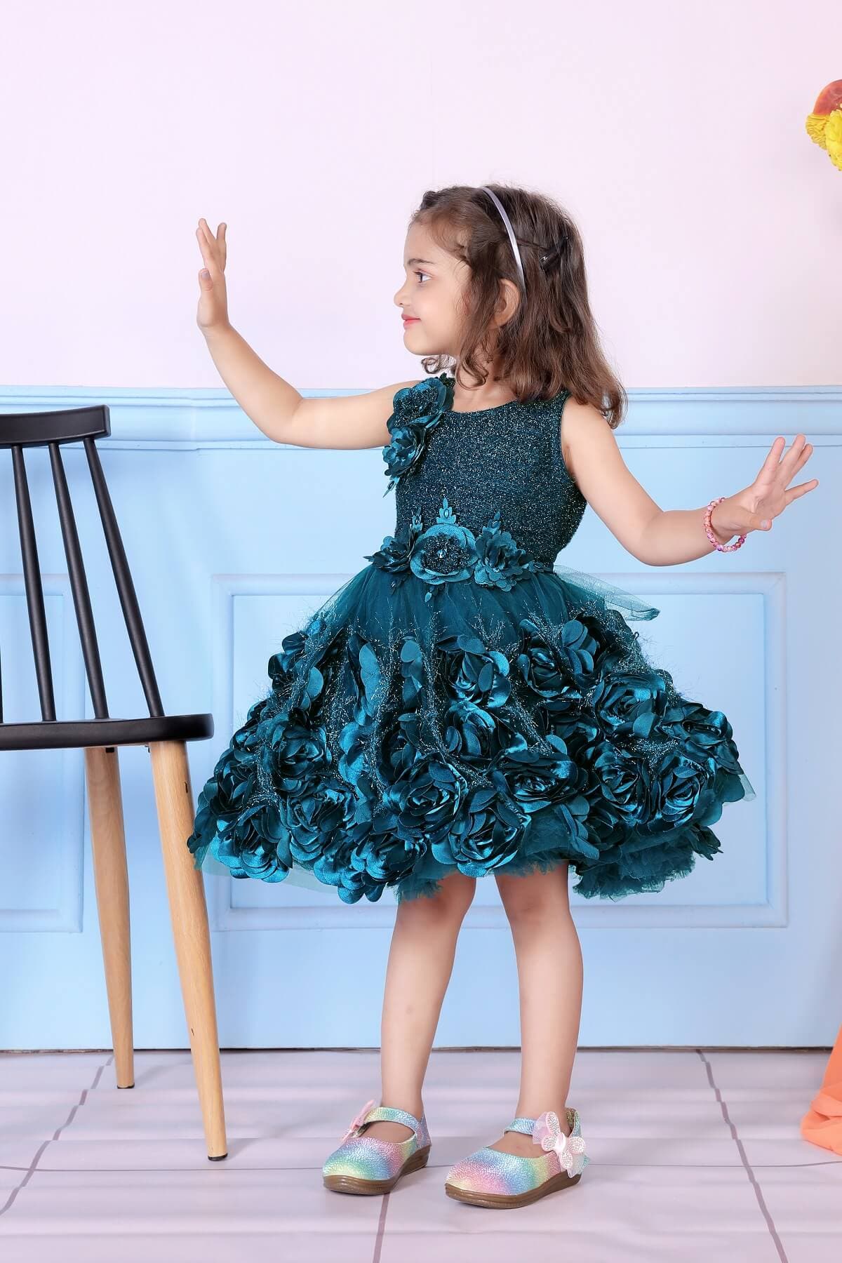 Childbird Teal Green Color Flower Girl's Party Dress