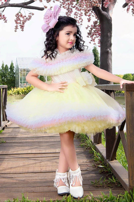 Littleloves Lemon Yellow Princess Applique Kids Party Dress