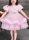 Pink Colour Net Kids Party Dress