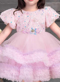 Pink Colour Net Kids Party Dress